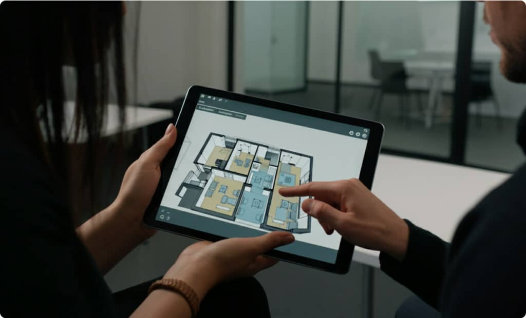 Preview 3D: Enhancing project visualization with 3D Viewer MAX 2 Leasing agents using a tablet to showcase a 3D preview