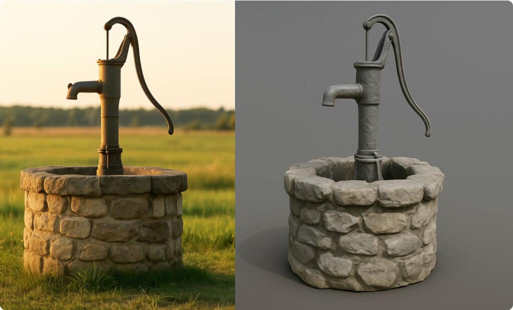 Comparación entre un pozo de piedra real con bomba manual a la izquierda y su versión renderizada en 3D a la derecha.