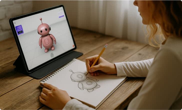 Una chica dibuja un robot en un cuaderno mientras ve su versión 3D en una tableta con software de modelado.
