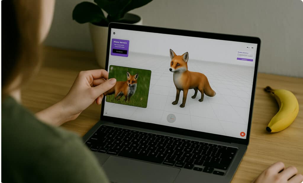 Una persona arrastra una foto de un zorro a una app de modelado 3D en un portátil, con el zorro 3D generado visible en pantalla.
