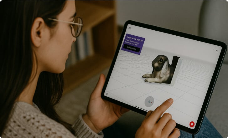 Una mujer usa una tableta que muestra un modelo 3D de un conejo parecido a un beagle generado con IA en una app de modelado.