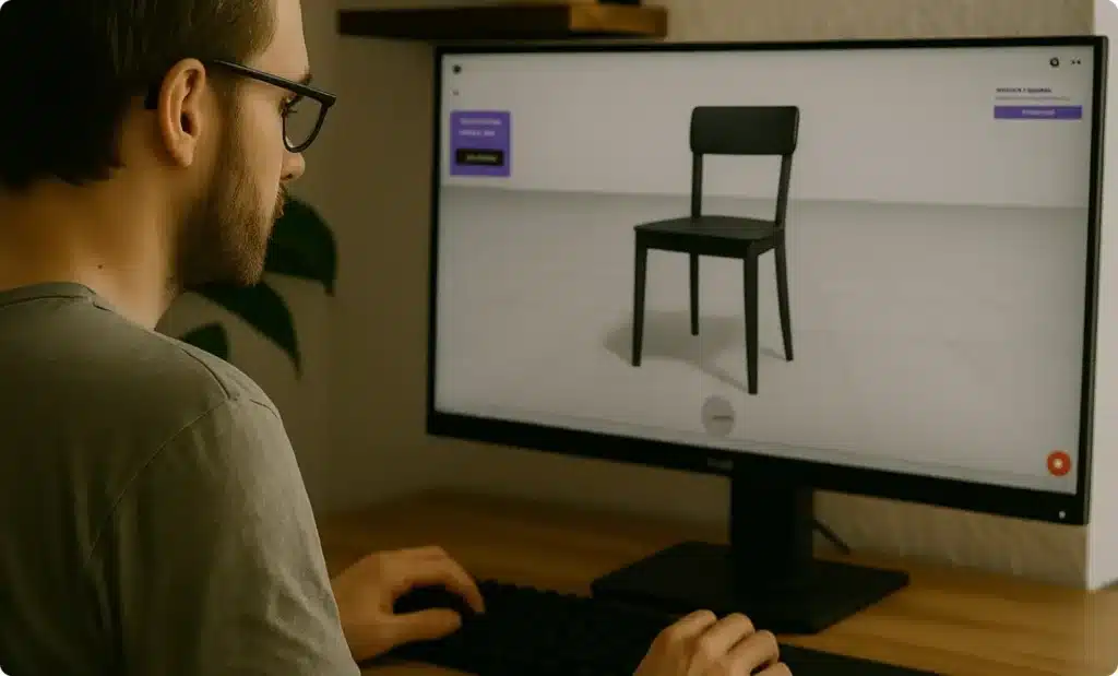 Hombre diseñando un modelo 3D de una silla en un ordenador de sobremesa en una oficina en casa