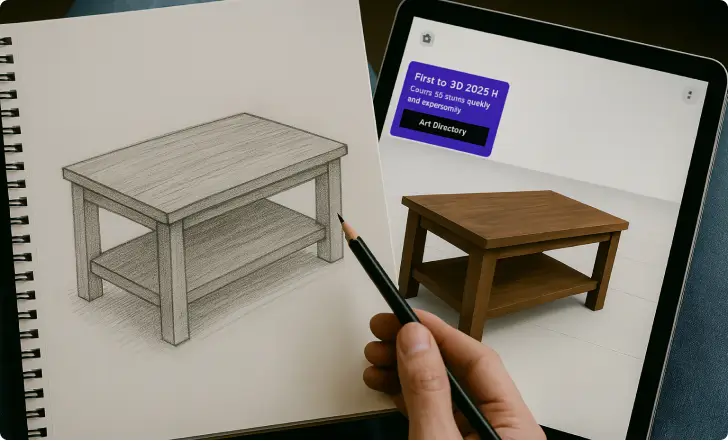 Boceto de una mesa de centro de madera en un cuaderno junto a una tableta que muestra la misma mesa como modelo 3D.