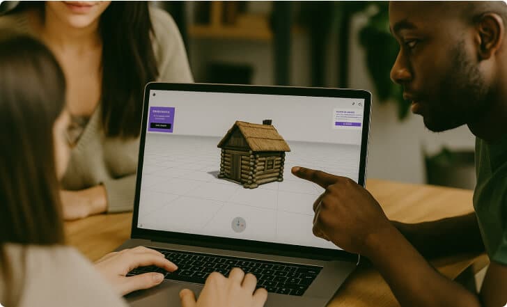 Tres personas colaboran alrededor de un portátil que muestra un modelo 3D de una cabaña de madera en una plataforma de modelado digital.