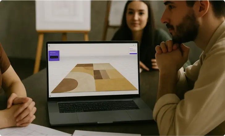 Tres personas revisando el diseño 3D de una alfombra en la pantalla de un portátil durante una reunión de diseño en una mesa de madera.