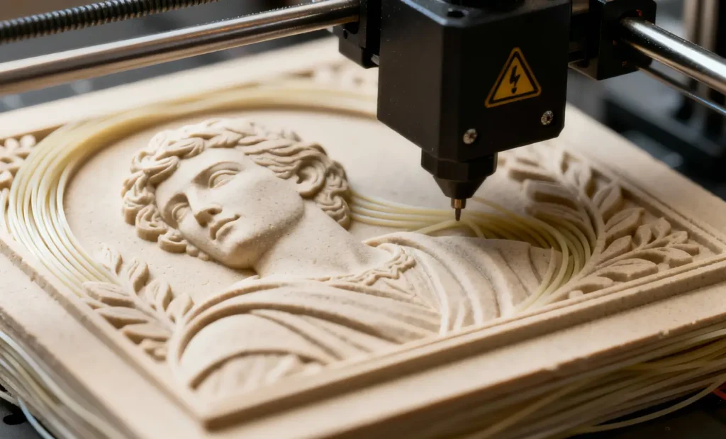 Imprimante 3D produisant un petit modèle en relief créé à partir d’une image convertie.