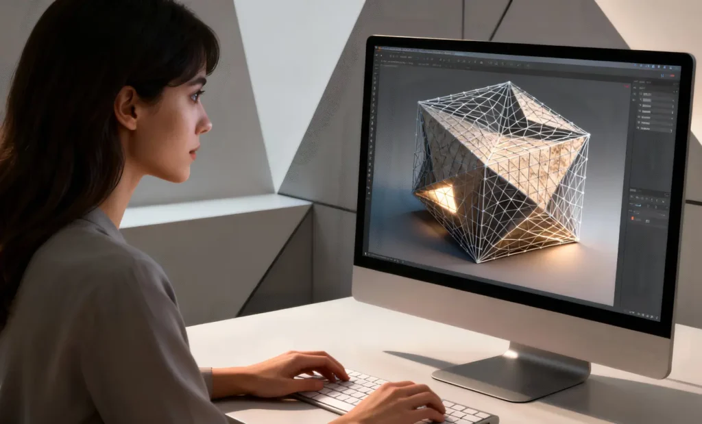 Utilisateur consultant un modèle STL en fil de fer dans un environnement d’édition 3D.